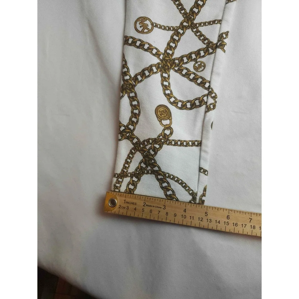 Michael Kors Womens White Gold Chain Link Print Skinny Pants Size S MK Logo